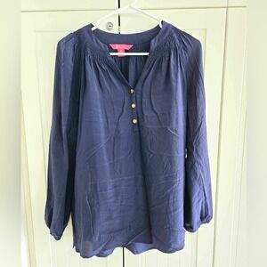 Lilly Pulitzer Elsa True Navy Coastal Silk Blouse Size XS
